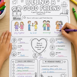 Può includere: Un foglio di attività bianco intitolato Being a Good Friend con illustrazioni a linee nere, testo e risposte scritte a mano in vari colori. La pagina include sezioni per disegnare, elencare tratti di amicizia e una promessa di amicizia.