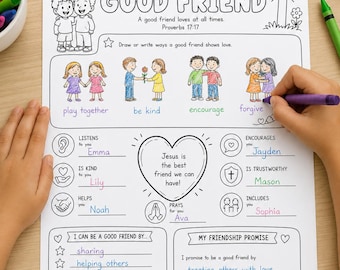 Puede incluir: Una hoja de actividades blanca titulada Being a Good Friend con ilustraciones de líneas negras, texto y respuestas escritas a mano en varios colores. La página incluye secciones para dibujar, enumerar rasgos de amistad y una promesa.