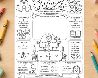 Può includere: Un foglio di attività stampabile in bianco e nero intitolato Why We Go To Mass, con illustrazioni di una chiesa, un sacerdote all'altare e sette sezioni numerate con testo sui rituali della messa e spazi per disegnare.