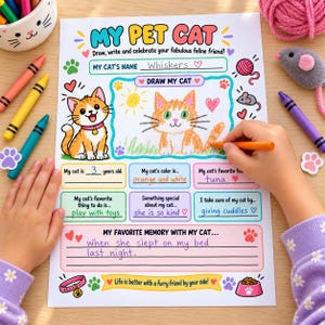 以下が含まれることがあります： 猫のイラスト、足跡、ハートが描かれた「My Pet Cat」アクティビティシート。猫の名前、年齢、色、好きな食べ物、活動などを記入する欄があり、青とオレンジのインクで手書きの文字が書き込まれています。
