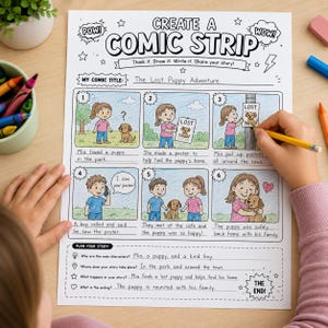 Puede incluir: Una hoja de actividades de papel blanco titulada Create a Comic Strip con seis paneles dibujados a mano que representan una historia sobre una niña llamada Mia que encuentra un cachorro perdido. Incluye secciones para planificar la historia.