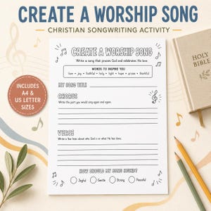 Op de afbeelding: Een wit werkblad getiteld Create a Worship Song met secties voor songtitel, refrein en couplet. Het bevat inspirerende woorden, selectievakjes voor de sfeer en muzieknoten. Een Bijbel en twee potloden liggen ernaast op de ondergrond.