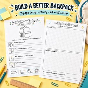 Puede incluir: Una actividad de diseño imprimible de dos páginas titulada Build a Better Backpack. La primera página incluye una ilustración de una mochila y preguntas para identificar problemas. La segunda página tiene dos cuadrículas para bocetos.