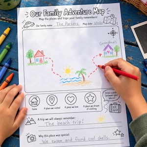 May include: A white paper activity sheet titled Our Family Adventure Map with black line art, hand-drawn coloured illustrations of houses, a sun, and a beach, and handwritten text including The Parkers, 5/10/25, The beach trip, and We swam and found cool shells.