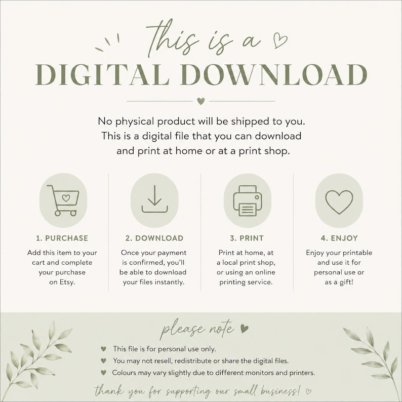 Op de afbeelding: Een informatieve afbeelding met saliegroene tekst en iconen op een cr&egrave;mekleurige achtergrond. Het vermeldt dat dit een digitale download is en dat er geen fysiek product wordt verzonden. Het toont vier stappen: kopen, downloaden, printen en genieten.