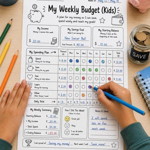 以下が含まれることがあります： 子供向けの週間予算ワークシート。収入、貯蓄目標、支出計画のセクションがあり、名前、日付、財務記録用の記入欄が含まれています。貯金箱、財布、星のアイコンが描かれ、青いインクで手書きの記入がされています。