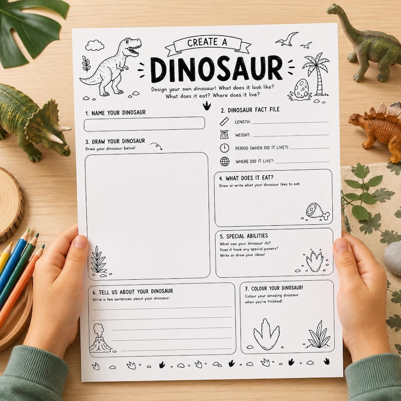 May include: A white paper activity sheet titled CREATE A DINOSAUR with black line art illustrations of dinosaurs, plants, and a volcano. The form includes sections to name, draw, and describe a dinosaur, including a fact file and special abilities.
