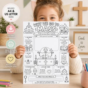 May include: A black and white printable activity sheet titled Why We Go To Mass, featuring illustrations of a church, a priest at an altar, and seven numbered sections with text explaining Catholic mass traditions, plus a space for drawing.