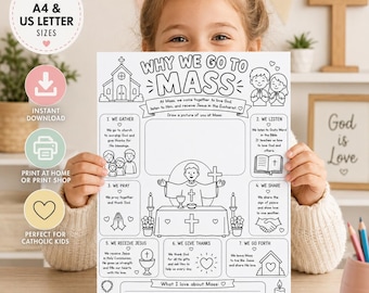 Kleurplaat 'Waarom we naar de mis gaan', activiteit voor katholieke kinderen (digitale download)