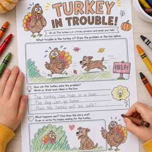 May include: A white activity worksheet titled Turkey in Trouble with printed text and hand-drawn illustrations of a turkey and a dog. The page includes prompts for drawing and writing, featuring colored pencil drawings of the characters in various scenes.