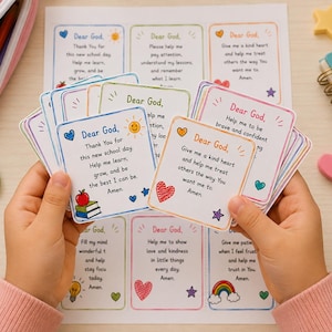 May include: A set of square prayer cards for children featuring colorful illustrations and text that begins with Dear God. The cards include phrases like Thank You for this new school day, Help me to be brave and confident, and Give me a kind heart.