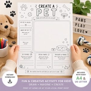 Puede incluir: Una hoja de actividades de papel blanco titulada CREATE A PET con ilustraciones de líneas negras de huellas, un hueso, un collar, una cama para mascotas y un cuenco. La hoja incluye secciones para completar detalles sobre la mascota.