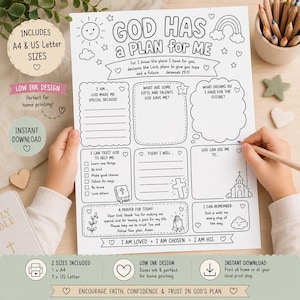 May include: A white printable activity sheet with black line art featuring the text GOD HAS A PLAN FOR ME and Jeremiah 29:11. The page includes sections for writing about gifts, talents, dreams, and prayers, decorated with a sun, rainbow, cross, and church.