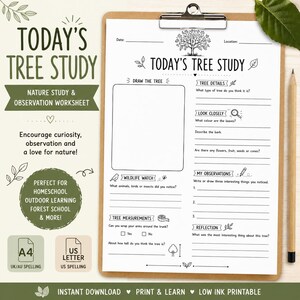May include: A white paper worksheet titled Today's Tree Study on a brown clipboard with a wooden pencil. The form includes sections for drawing the tree, recording tree details, wildlife watch, tree measurements, observations, and reflections.