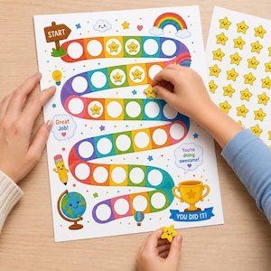 May include: A reward chart featuring a colorful winding path with empty circles, a Start sign, a rainbow, a globe, a pencil, and a trophy. The chart includes text reading Start, Great Job, You're doing awesome, and YOU DID IT, with yellow star stickers.