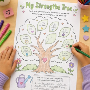 Può includere: Una scheda di attività My Strengths Tree con un'illustrazione centrale di un albero con foglie contenenti affermazioni positive come I am kind e I am creative. La pagina include un disegno di un annaffiatoio e una sezione per riflessioni scritte.
