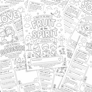 May include: A black and white printable activity journal titled Fruit of the Spirit, featuring line art illustrations of children, a sun, a dove, a tree, and a cross. The pages include sections for writing, drawing, and prayers with text.