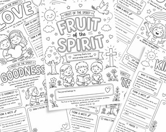 Può includere: Un diario di attività stampabile in bianco e nero intitolato Fruit of the Spirit, con illustrazioni al tratto di bambini, un sole, una colomba, un albero e una croce. Le pagine includono sezioni per scrivere, disegnare e preghiere con testo.