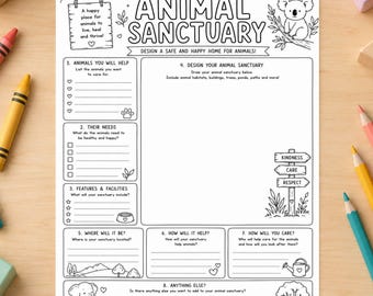May include: A black and white printable activity sheet titled Build an Animal Sanctuary. The page features sections for listing animals, their needs, and designing a sanctuary, decorated with illustrations of a koala, elephant, and tree.