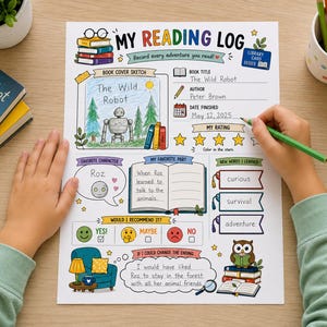 Puede incluir: Una hoja de registro de lectura titulada My Reading Log con secciones para el título del libro, autor, fecha, calificación, personaje favorito, parte favorita, nuevas palabras y cambios de final. La hoja presenta ilustraciones coloridas de libros.