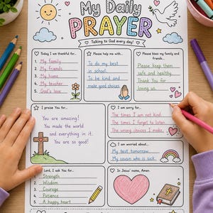 Puede incluir: Una hoja de trabajo My Daily Prayer con secciones para gratitud, peticiones, bendiciones, alabanzas, disculpas y preocupaciones. La página presenta ilustraciones coloridas de un sol, paloma, cruz, corazón, arcoíris y Biblia, con texto escrito a mano con lápices de colores.
