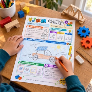 May include: A white paper worksheet titled Be An Engineer with colourful graphics and sections for a challenge, brainstorming, blueprint drawing, materials, and testing. The blueprint features a hand-drawn orange solar car with labels.