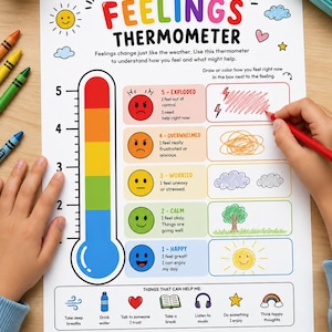 May include: A Feelings Thermometer worksheet printed on white paper featuring a colorful scale from 1 to 5 with corresponding facial expressions and text. The chart includes a section for drawing feelings and a list of coping strategies with icons.