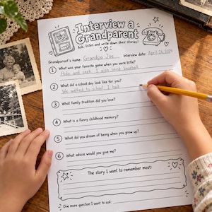 May include: A white paper interview sheet titled Interview a Grandparent with black line art illustrations of a photo frame and a rotary phone. The form includes numbered questions and blank lines for handwritten responses in pencil, dated April 26, 2024.