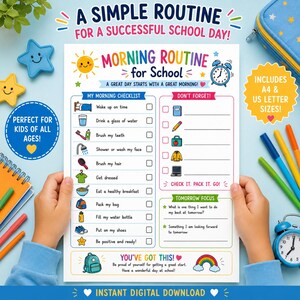 Op de afbeelding: Een ochtendroutine-checklist voor school op wit papier met kleurrijke iconen, tekstkoppen en selectievakjes. Het document bevat secties voor een ochtendchecklist, een inpaklijst en een focus voor morgen, allemaal voorzien van vrolijke illustraties.