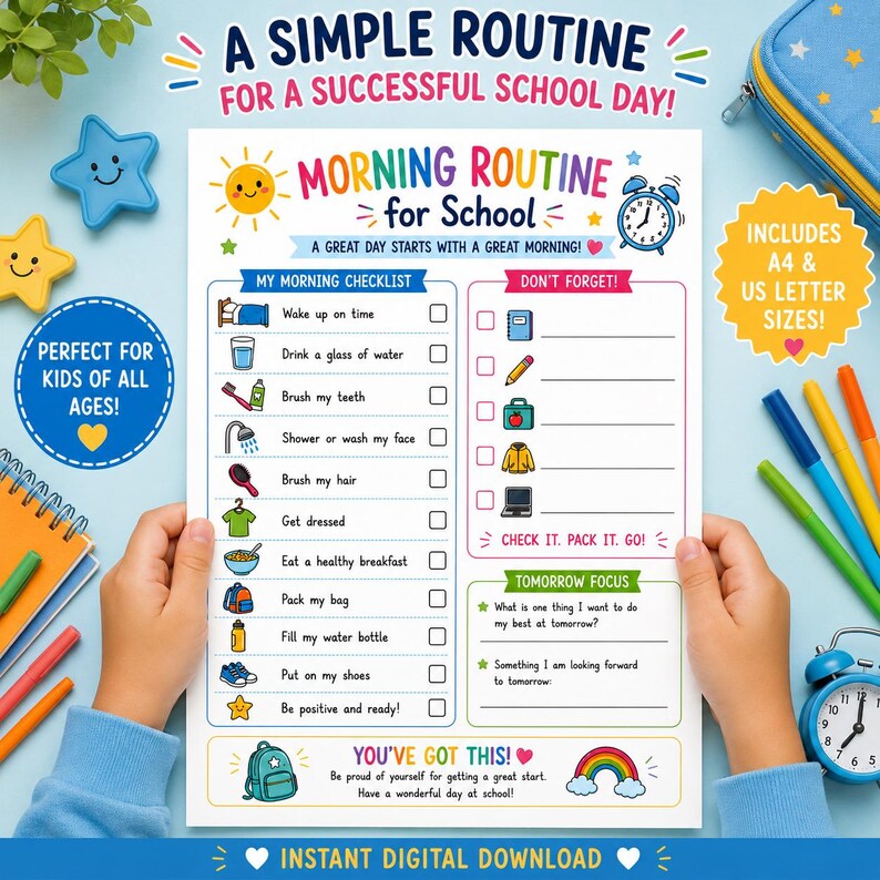 Op de afbeelding: Een ochtendroutine-checklist voor school op wit papier met kleurrijke iconen, tekstkoppen en selectievakjes. Het document bevat secties voor een ochtendchecklist, een inpaklijst en een focus voor morgen, allemaal voorzien van vrolijke illustraties.