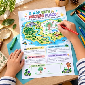May include: A printed activity sheet titled A Map With A Missing Place featuring a colourful illustrated island with mountains, forests, and a treehouse. The worksheet includes sections to write about the location and a box to draw a map symbol.