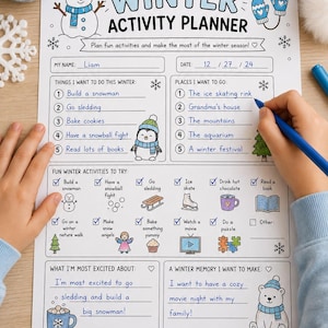 May include: A white paper winter activity planner with blue and black text and illustrations of a snowman, penguin, and polar bear. The sheet includes sections for goals, places to visit, activity checklists, and written notes filled out in blue ink.