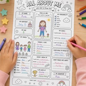 「私について」ワークシート（印刷可能）、子供向けアクティビティ、新学期向け（デジタルダウンロード）