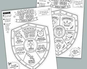 May include: Two black and white printable activity sheets titled Armor of God Shield Craft. Each page features a large shield outline divided into sections with illustrations of a helmet, breastplate, belt, shoes, sword, and heart with a cross.