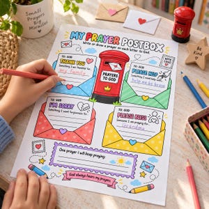 May include: A My Prayer Postbox activity sheet featuring a central red pillar box illustration and four colourful envelope sections labelled Thank You, Please Help, I'm Sorry, and Please Bless, with lines for writing prayers to God and decorative icons.