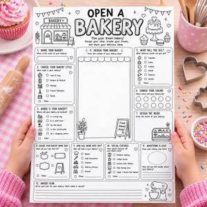 May include: A white paper activity sheet titled OPEN A BAKERY with black line art illustrations and text prompts for planning a business. The layout includes sections for naming, styling, location, design, menu items, colors, staff, and logo creation.