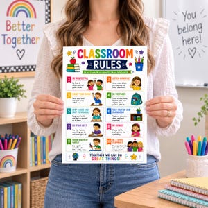 Puede incluir: Un póster rectangular de reglas de clase con ilustraciones coloridas y texto. El encabezado dice CLASSROOM RULES, seguido de diez puntos numerados con iconos e instrucciones. El texto inferior dice TOGETHER WE CAN DO GREAT THINGS!