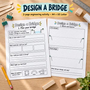Może przedstawiać: Dwie białe kartki papieru do zajęć inżynieryjnych Design a Bridge. Lewa kartka zawiera pytania planistyczne i pomysły na mosty. Prawa kartka posiada pola z siatką do szkicowania pierwszych prób oraz ostatecznych projektów konstrukcji.