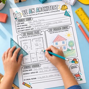 Op de afbeelding: Een geprint activiteitenblad getiteld Be An Architect met secties voor een klantbriefing, plattegrond en gebouwontwerp. Het blad bevat handgeschreven tekst over een gezinswoning en een handgetekende illustratie van een huis.