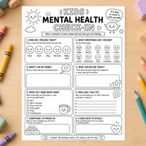 以下が含まれることがあります： Kids Mental Health Check-Inと題された白黒の印刷可能なワークシート。子供たちが感情、思考、ニーズ、サポートシステム、自己肯定を記録するための8つのセクションがあり、シンプルな線画のアイコンで装飾されています。
