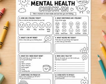 Può includere: Un foglio di lavoro stampabile in bianco e nero intitolato Kids Mental Health Check-In. Presenta otto sezioni per i bambini per registrare sentimenti, emozioni, pensieri, bisogni, sistemi di supporto e autoaffermazioni, con icone lineari.