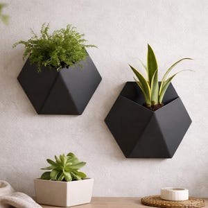 Puede incluir: Dos jardineras de pared geométricas negras, cada una con vegetación, están montadas en una pared de color claro. Debajo hay una pequeña jardinera cuadrada de color blanquecino con una suculenta. Una posavasos tejido y un pequeño objeto blanco están sobre una superficie de madera.