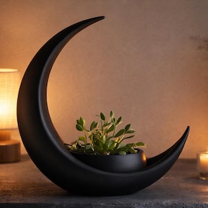 Op de afbeelding: Een zwarte, halvemaanvormige plantenbak met een kleine groene plant. De plantenbak staat op een donkere ondergrond, met een brandende kaars en een lamp op de achtergrond. Het thema is woondecoratie.