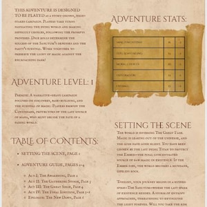 May include: A parchment-style game guide titled "The Vault of the Last Ember." The guide details a story-driven adventure with adventure stats and a table of contents. The text describes a world facing the Great Fade.