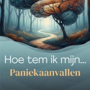 Puede incluir: Ilustración digital artística de un camino sinuoso a través de un bosque, que conduce a una luz brillante. La imagen presenta un árbol en forma de cerebro. El texto de la imagen dice "Hoe tem ik mijn... Paniekaanvallen."