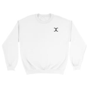 May include: A white sweatshirt with a crew neck and long sleeves. A small black double-curve design is embroidered on the upper left chest area. The sweatshirt is made of a soft, comfortable material.