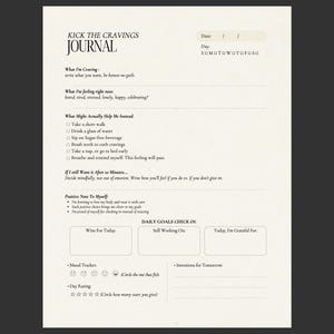 May include: A cream-colored journal titled "Kick the Cravings Journal" with prompts for self-reflection. It includes sections for daily goals, mood tracking, and positive affirmations. The journal is designed to help manage cravings.