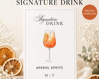 Bewerkbaar Aperol Spritz Signature Drink-bord, aquarel cocktailbar Canva-sjabloon