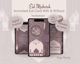 Animated Eid Mubarak Card with & without Invitation, Personalizable Canva Template, Digital Eid Card, Instant Download