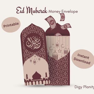 May include: Digital illustration of two Eid Mubarak money envelopes. One is open with dollar bills spilling out. The envelopes are burgundy and beige with Islamic design elements. Text includes "Eid Mubarak Money Envelope", "Printable", and "Instant Download".